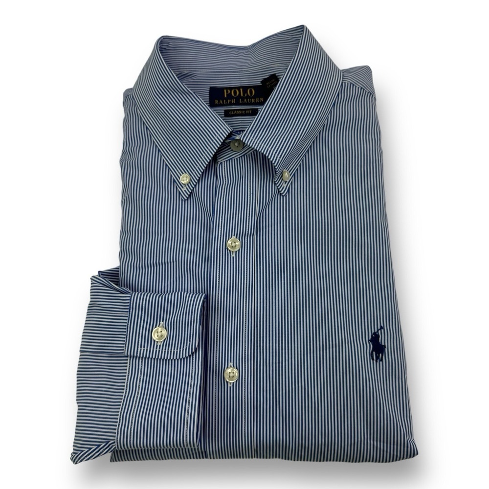 Polo Ralph Lauren Current Blue & White Stripe Classic Fit Button Down Size Large
